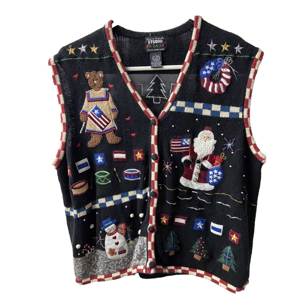 Designer Origional Studio Womens Large Black All Holidays Knit Decorated Vest
